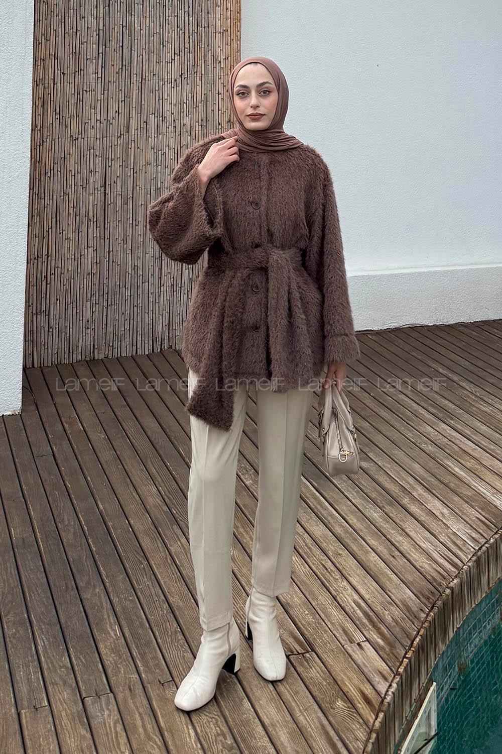 Lamelif Sakal Kumaş Atkılı Kaban Soft Kahve