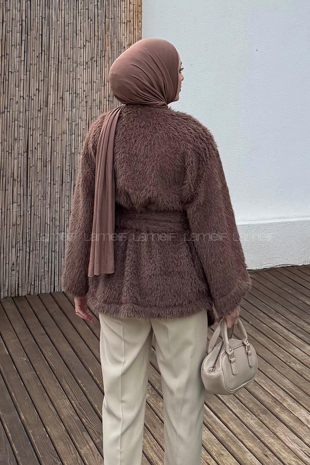 Lamelif Sakal Kumaş Atkılı Kaban Soft Kahve