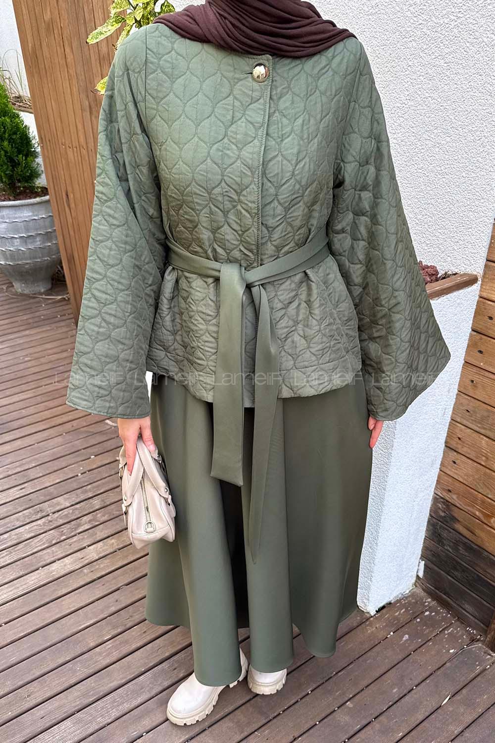 Khaki Crew Neck Long Arm Polyester Flared Skirt Suit