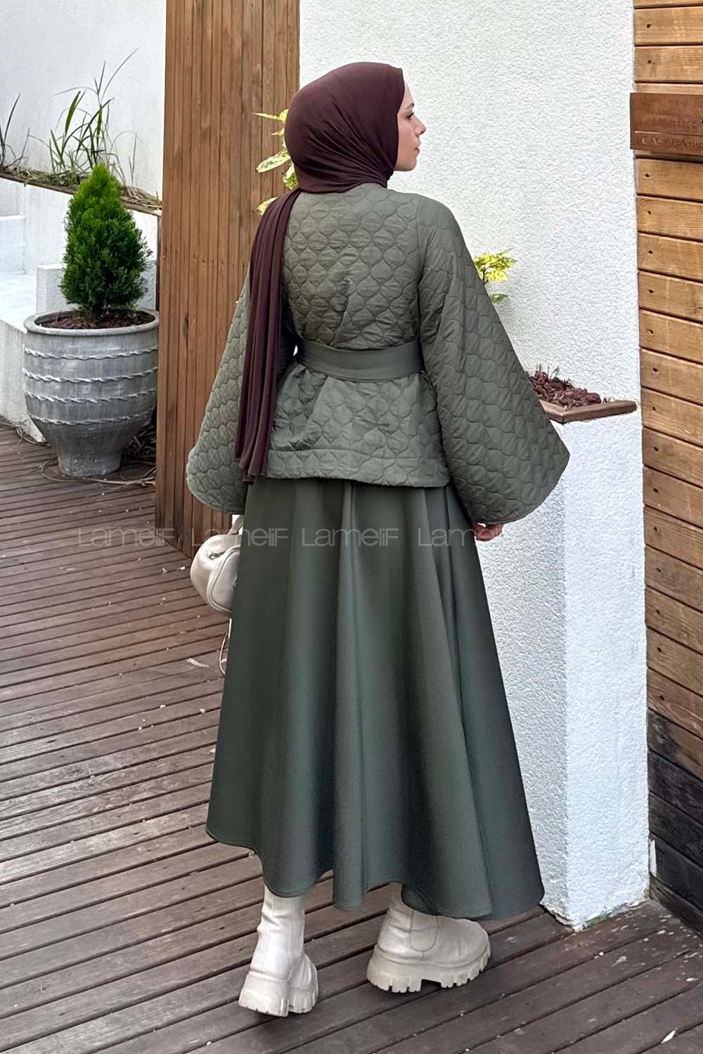 Khaki Crew Neck Long Arm Polyester Flared Skirt Suit