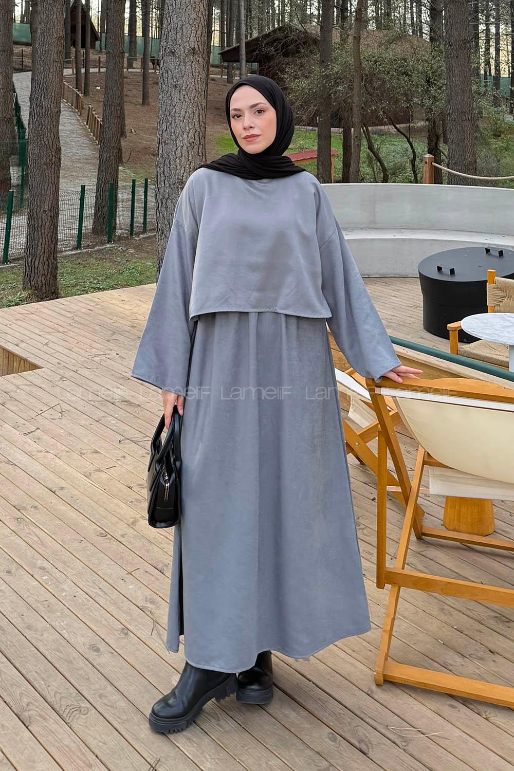 Lamelif Süet Etekli Tesettür Takım Gri