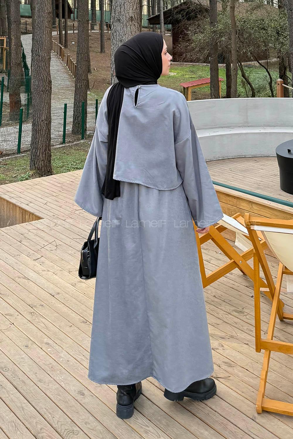Lamelif Süet Etekli Tesettür Takım Gri