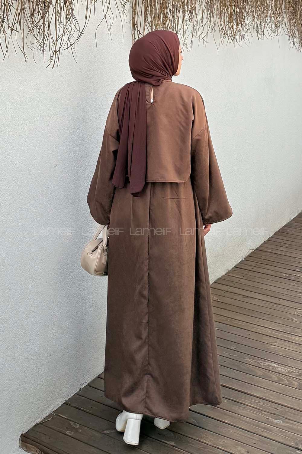 Lamelif Süet Etekli Tesettür Takım Kahverengi