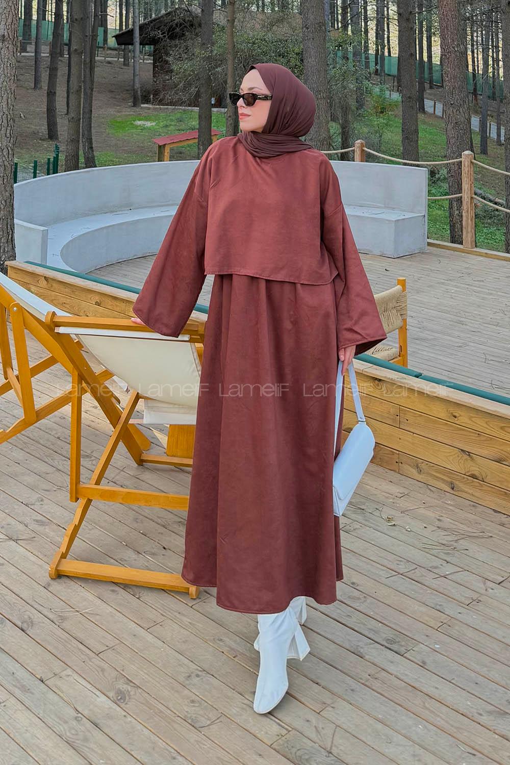 Lamelif Süet Etekli Tesettür Takım Kiremit