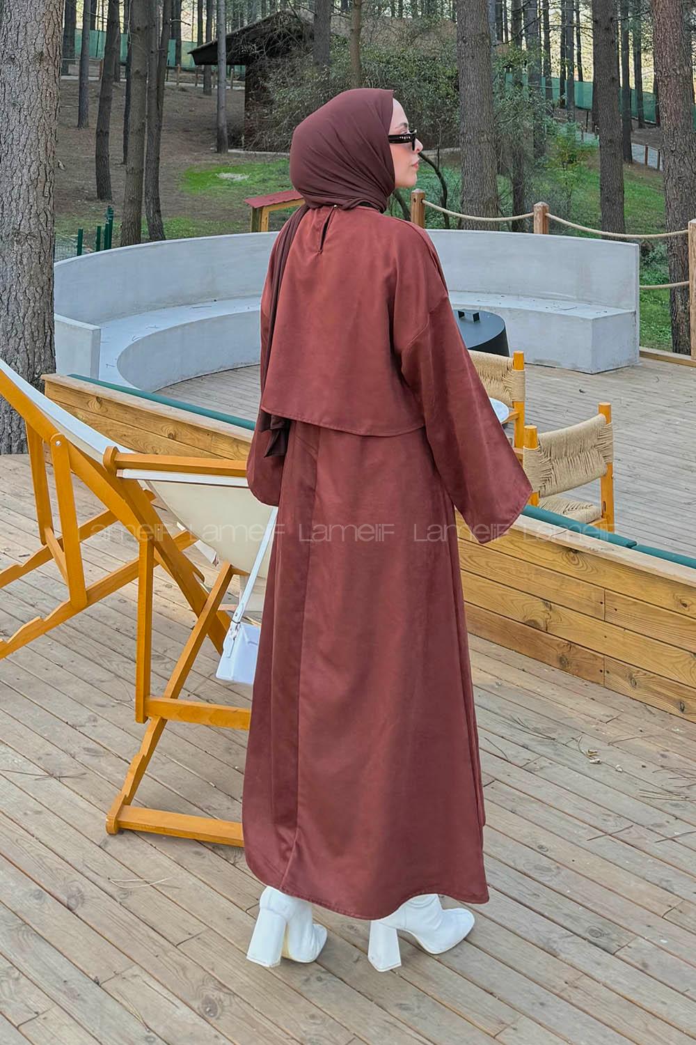 Lamelif Süet Etekli Tesettür Takım Kiremit