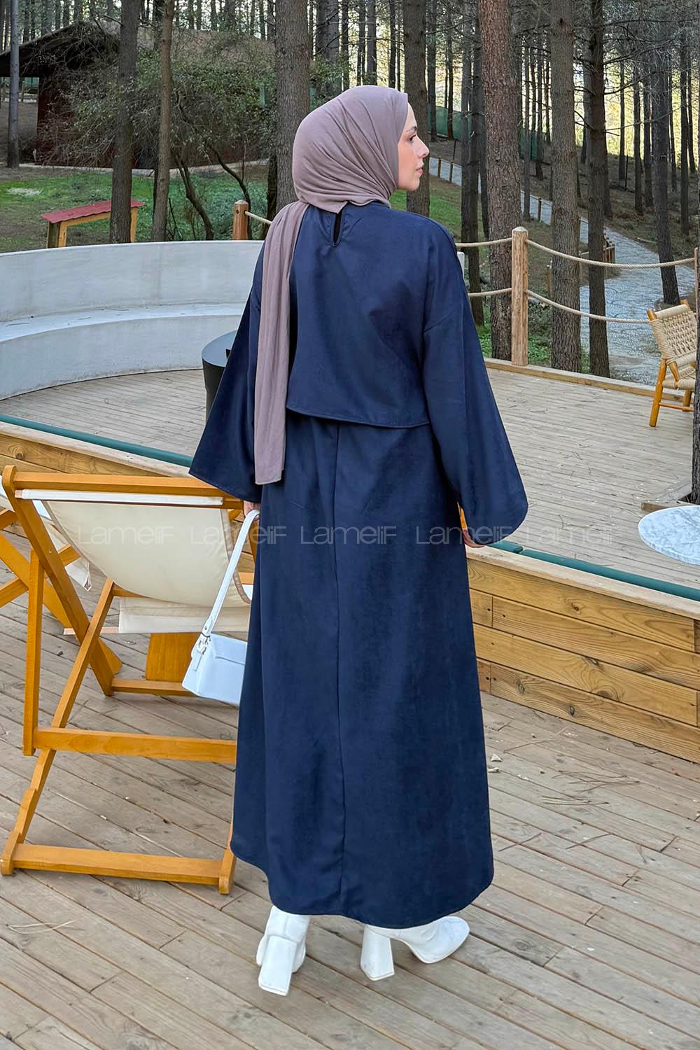Lamelif Süet Etekli Tesettür Takım Lacivert