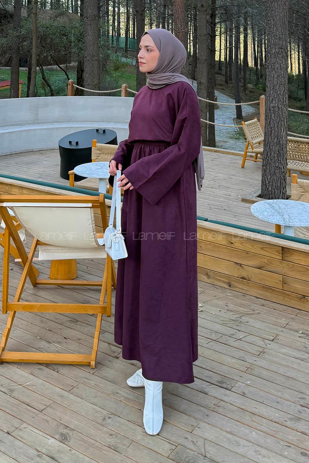 Lamelif Süet Etekli Tesettür Takım Mürdüm