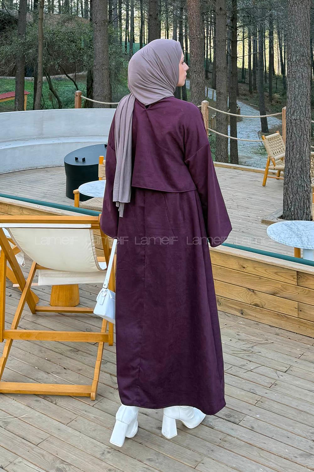 Lamelif Süet Etekli Tesettür Takım Mürdüm