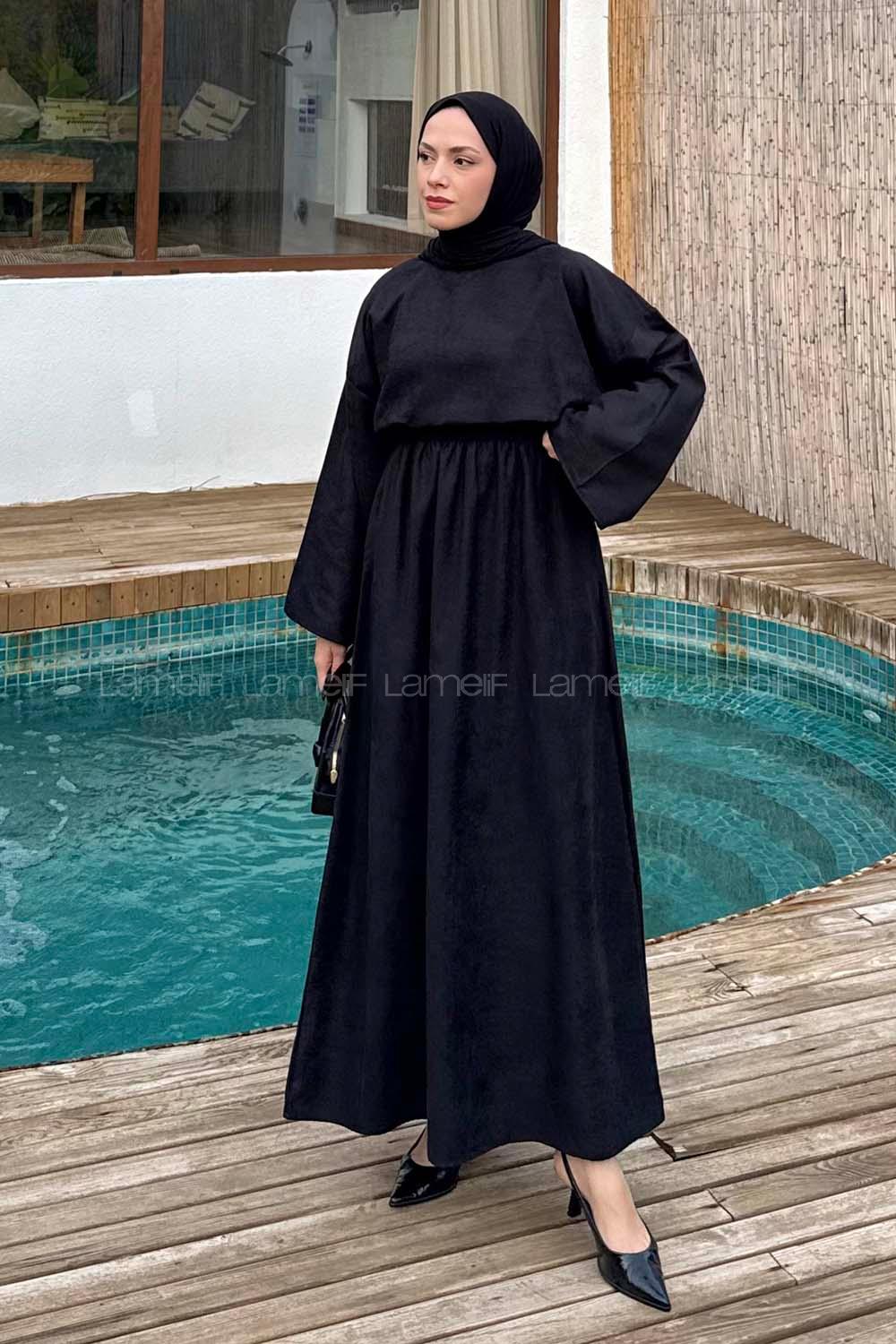 Lamelif Süet Etekli Tesettür Takım Siyah