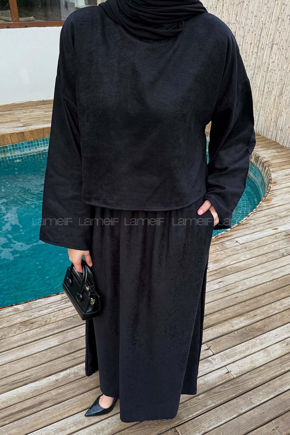 Lamelif Süet Etekli Tesettür Takım Siyah