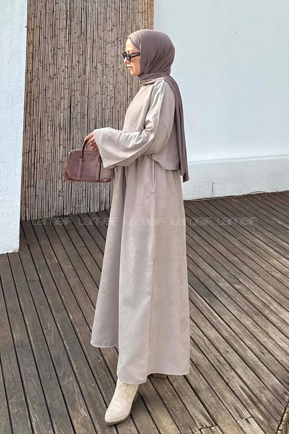Lamelif Süet Etekli Tesettür Takım Taş Rengi