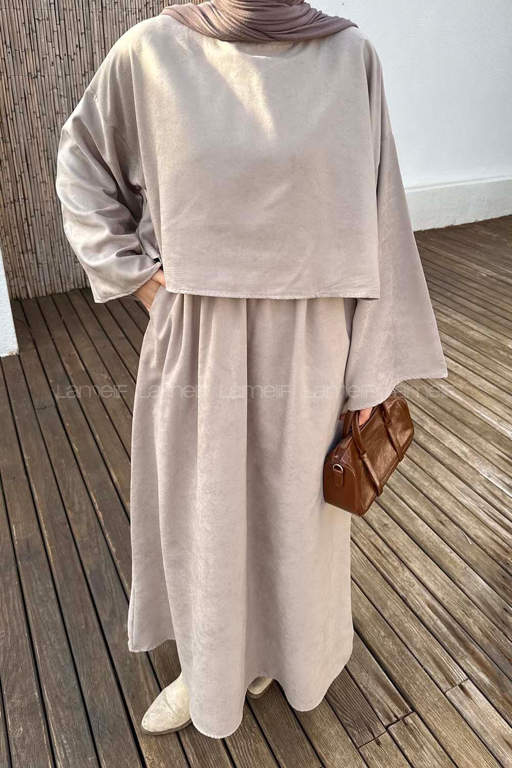 Lamelif Süet Etekli Tesettür Takım Taş Rengi