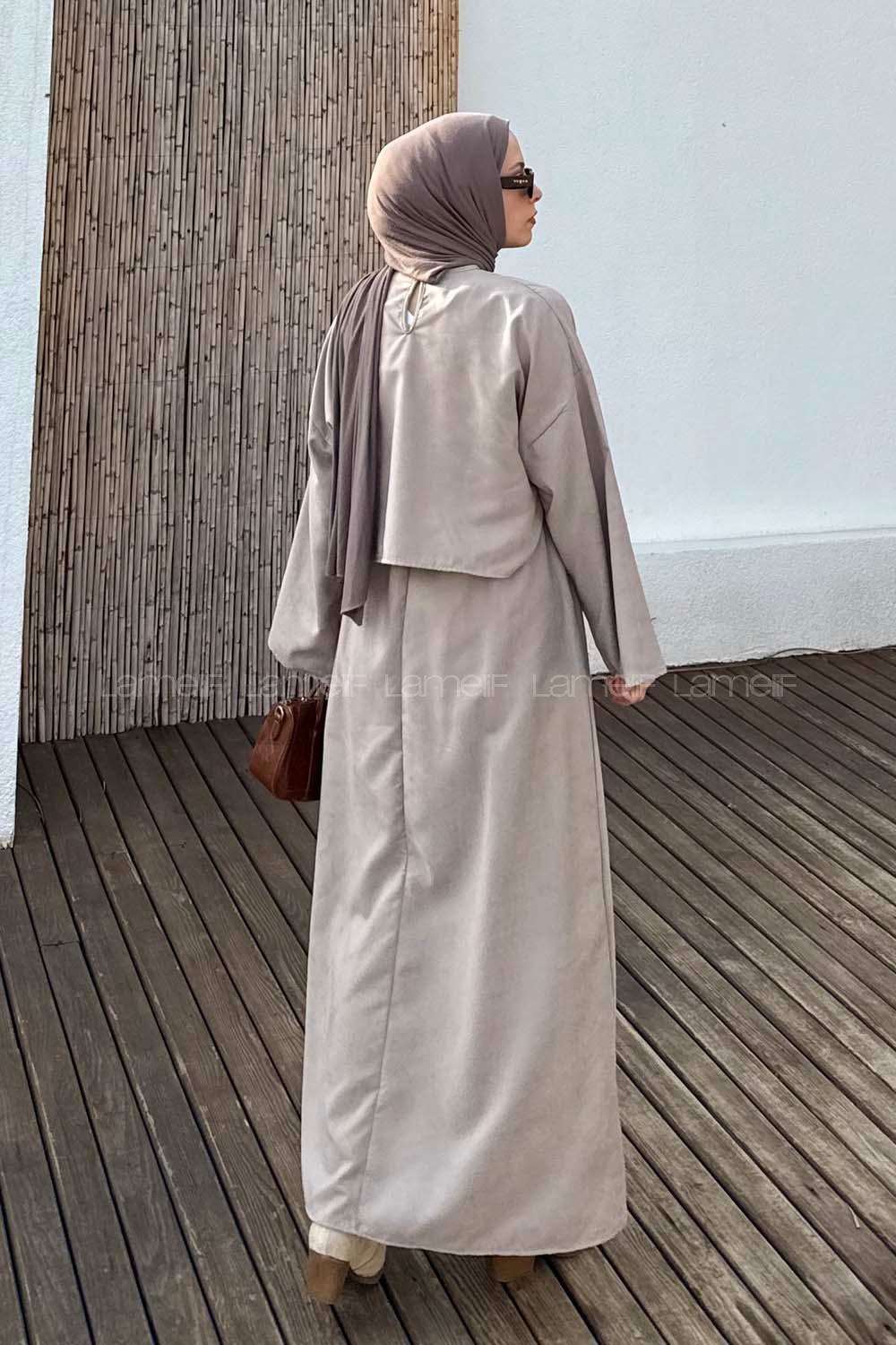 Lamelif Süet Etekli Tesettür Takım Taş Rengi
