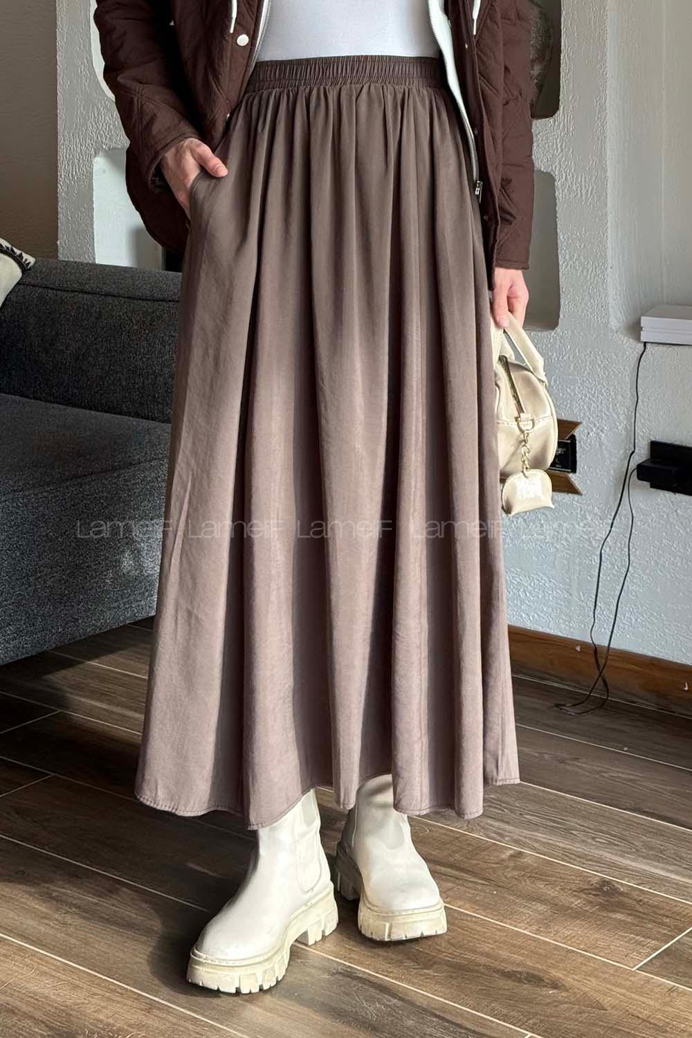 Lamelif Tensel Tesettür Etek Kahverengi