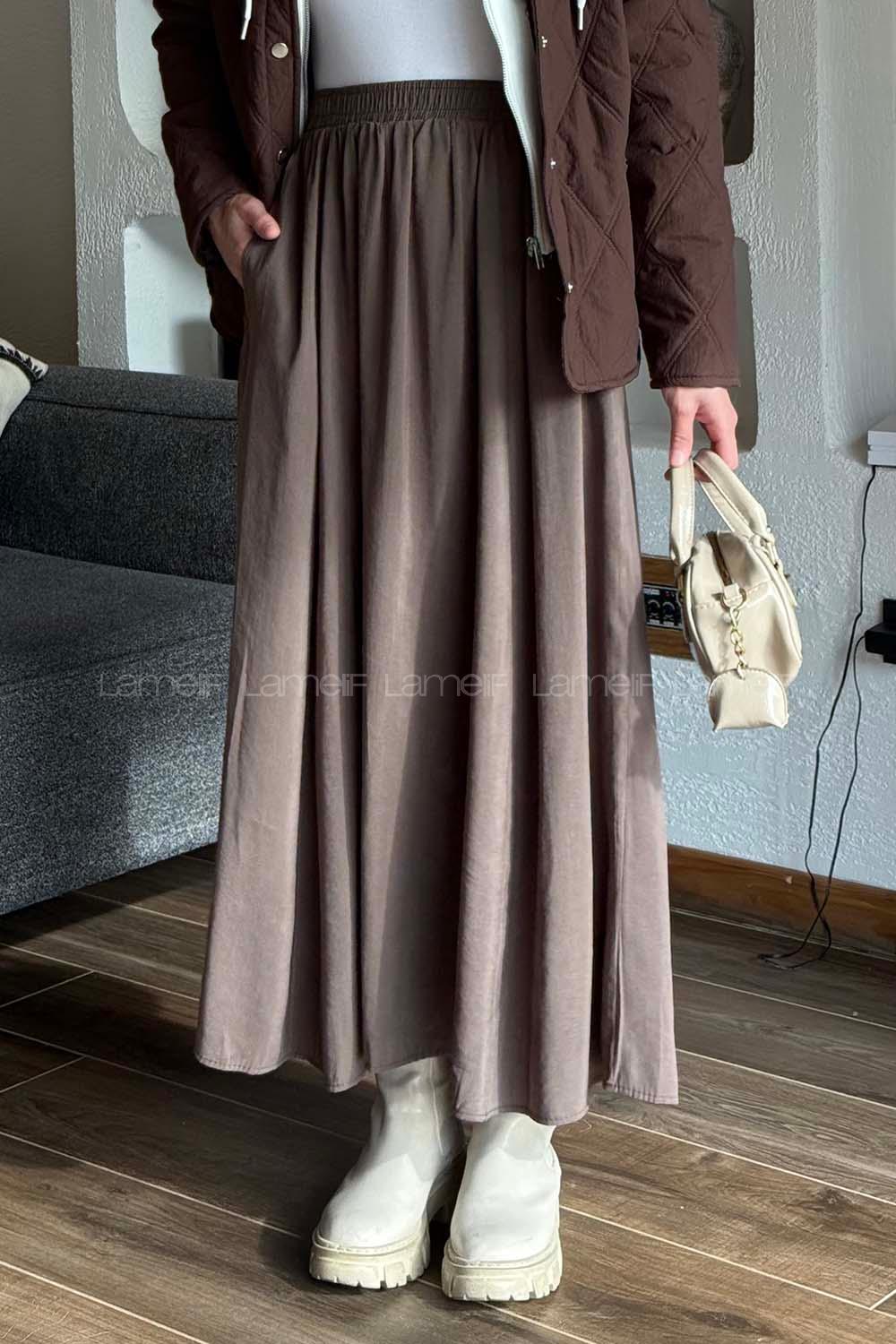 Lamelif Tensel Tesettür Etek Kahverengi