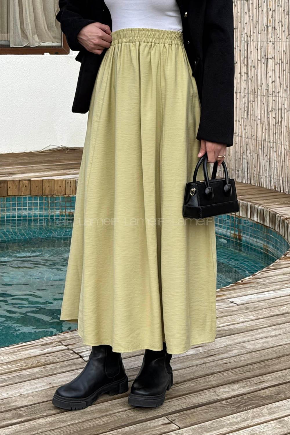 Lamelif Tensel Tesettür Etek Yağ Yeşili