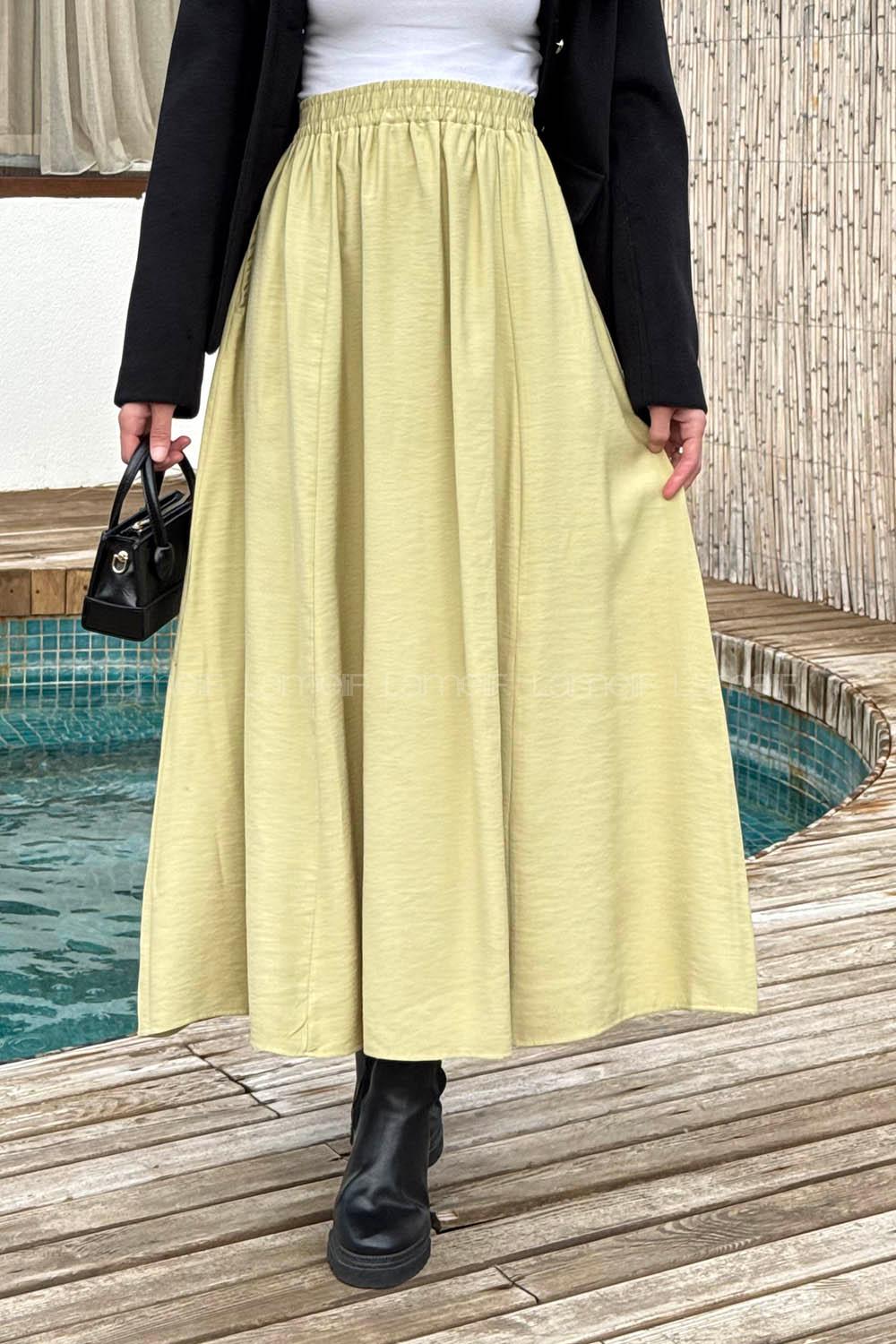 Lamelif Tensel Tesettür Etek Yağ Yeşili