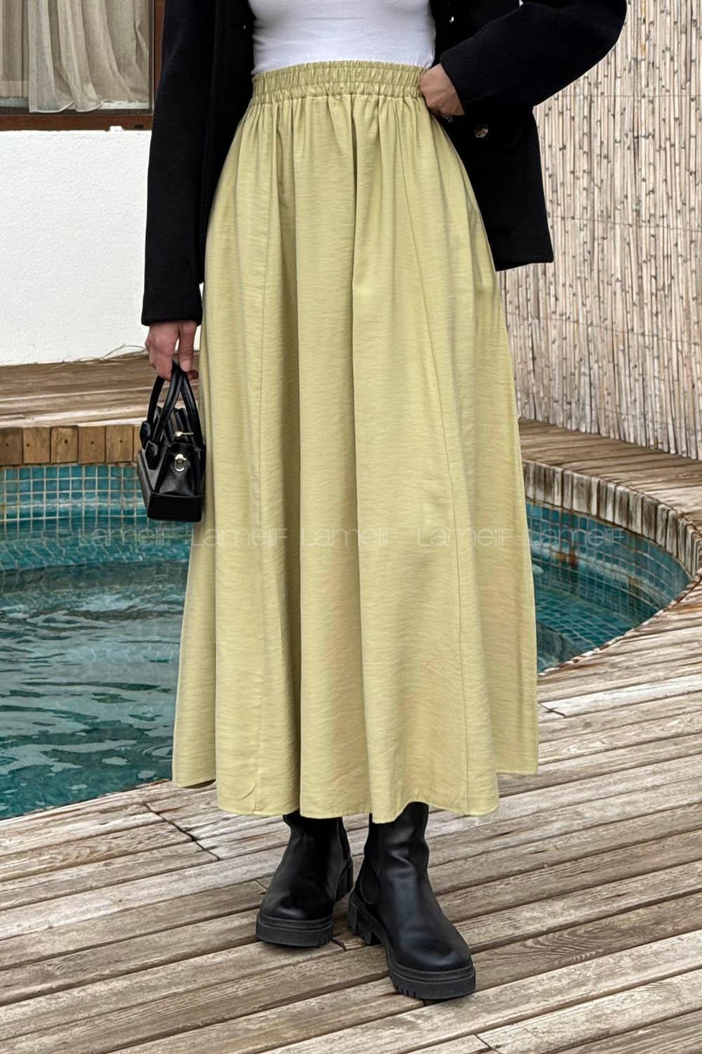 Lamelif Tensel Tesettür Etek Yağ Yeşili