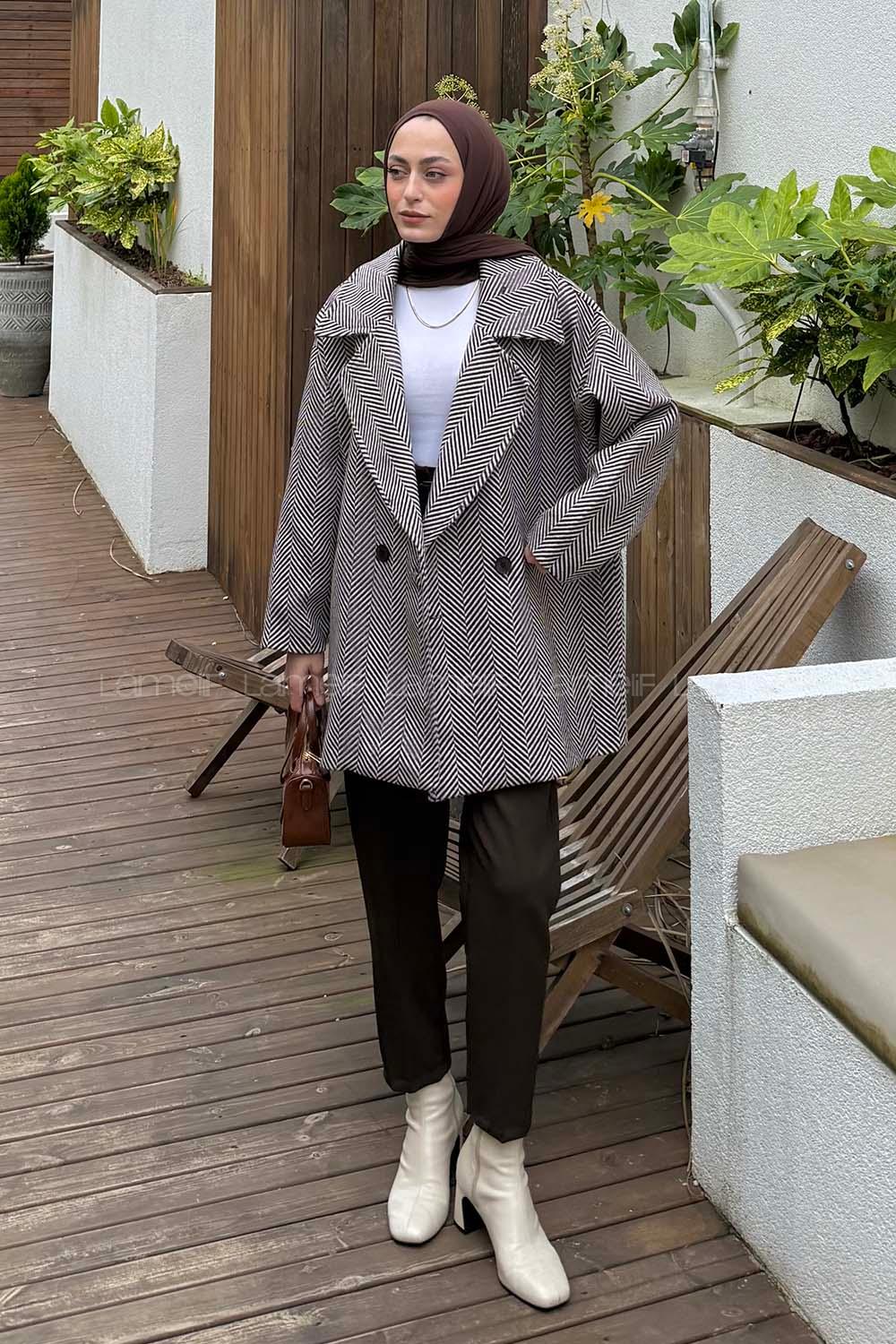 Brown Normal Neck Long Arm Herringbone Coat