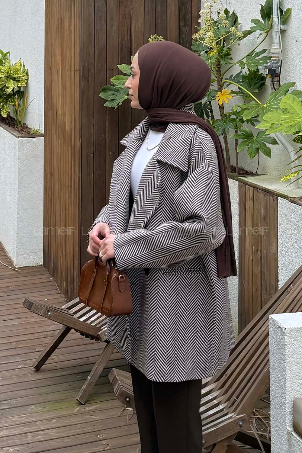 Brown Normal Neck Long Arm Herringbone Coat