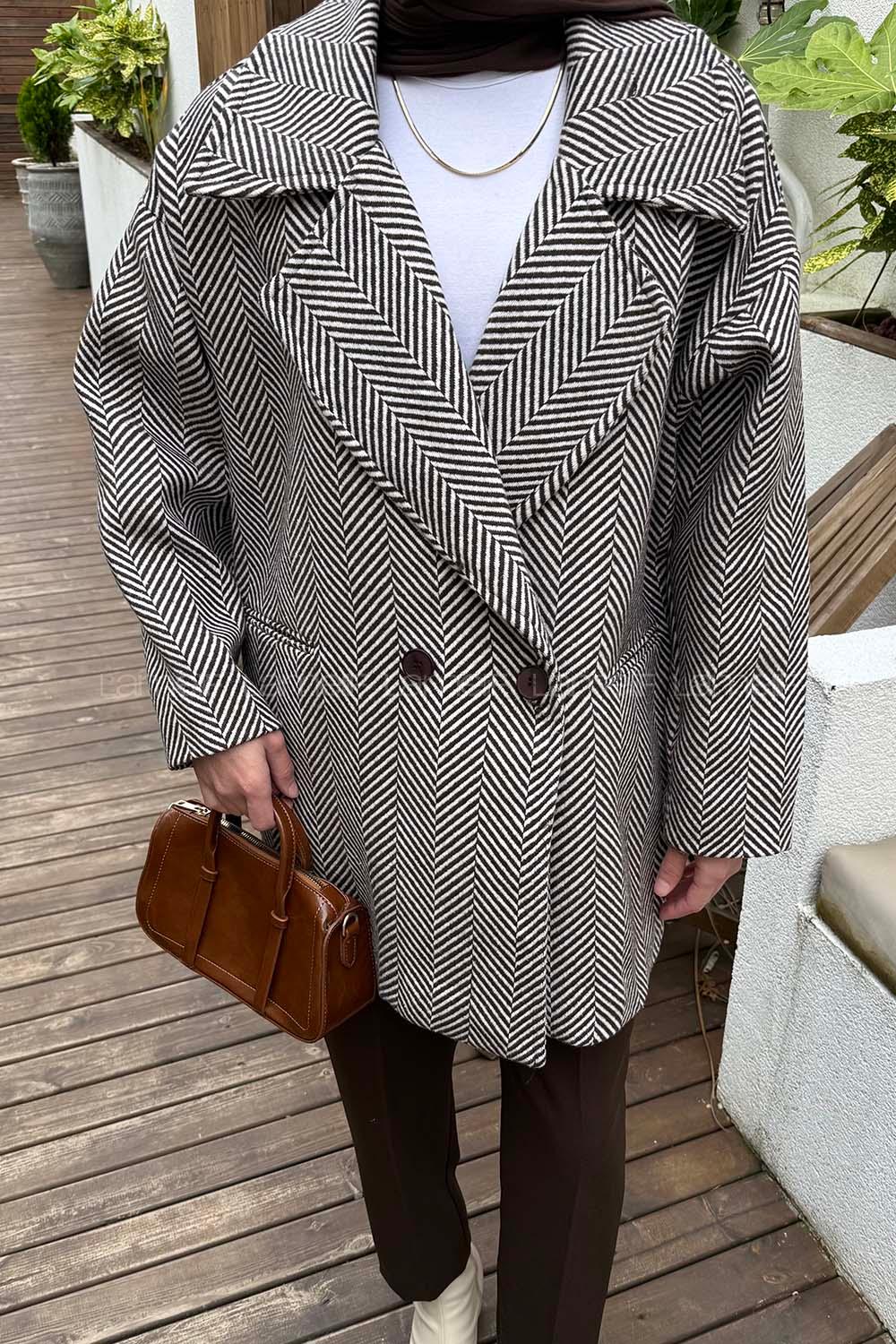 Brown Normal Neck Long Arm Herringbone Coat