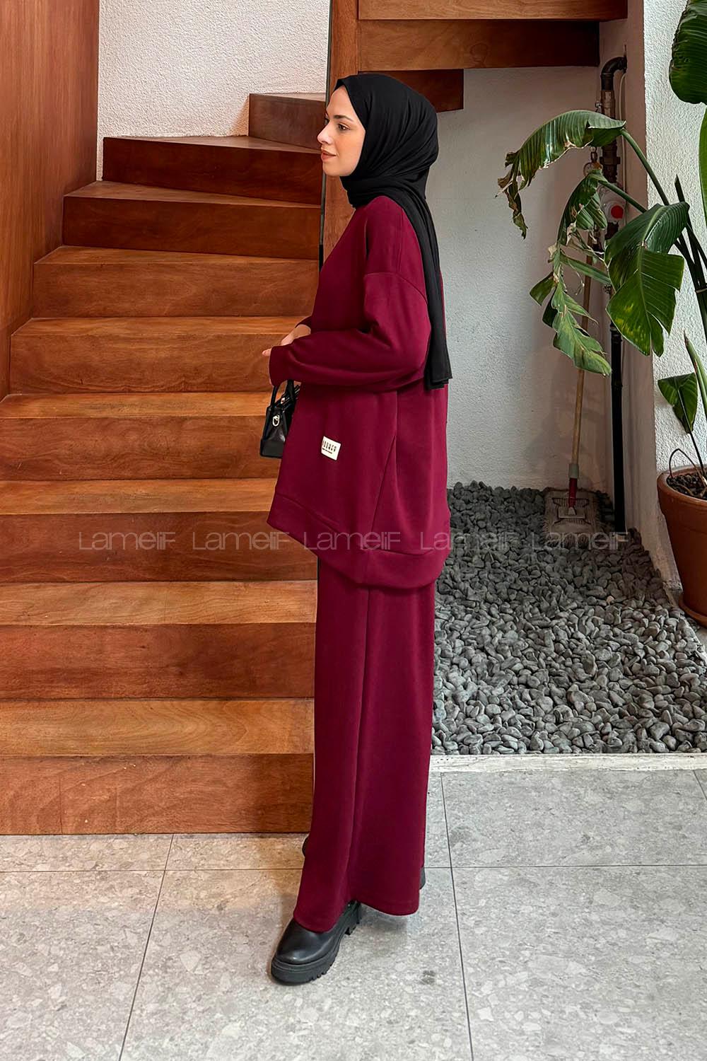 Claret Red Crew Neck Long Arm Modal Viscose Regular Trousers Comfortable Suit