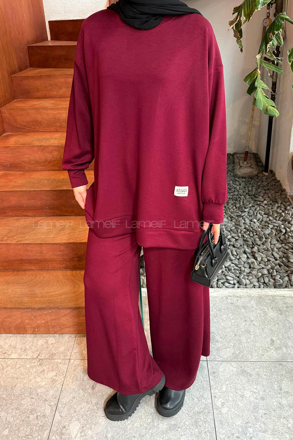 Claret Red Crew Neck Long Arm Modal Viscose Regular Trousers Comfortable Suit