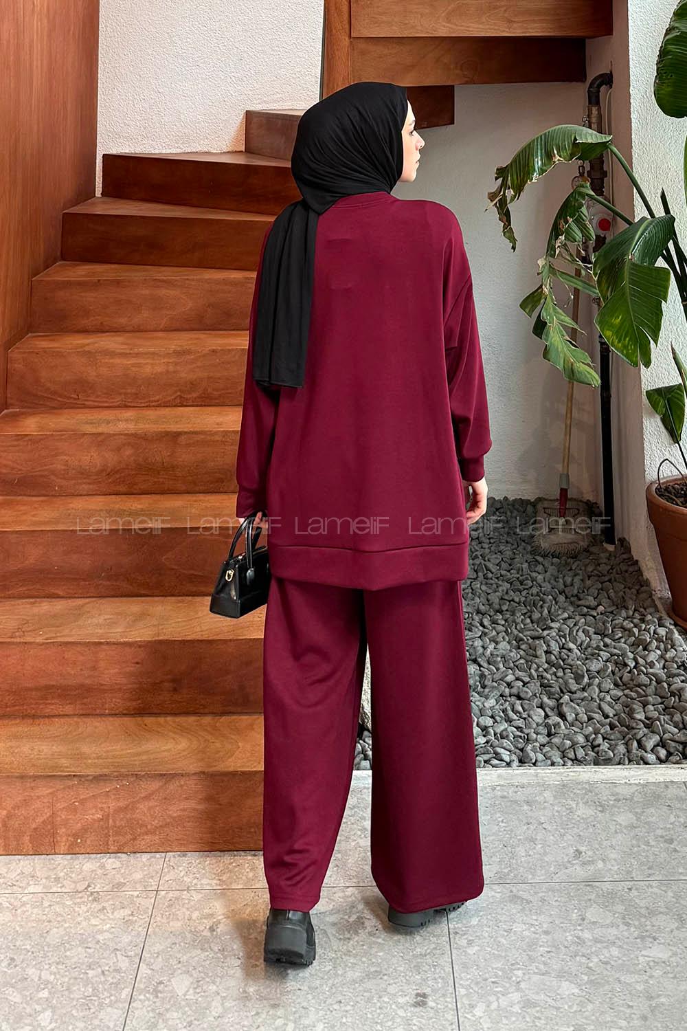 Claret Red Crew Neck Long Arm Modal Viscose Regular Trousers Comfortable Suit