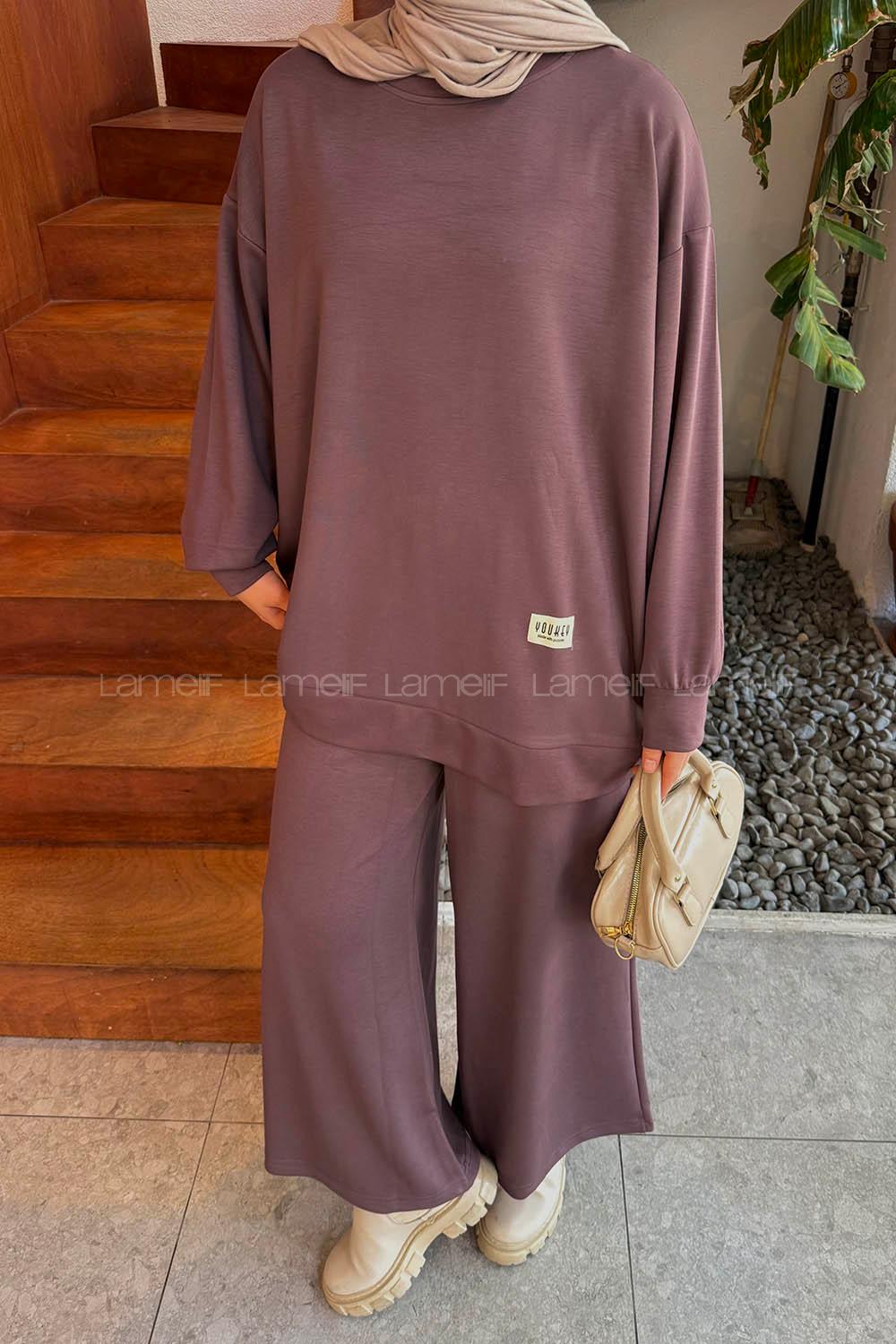 Brown Crew Neck Long Arm Modal Viscose Regular Trousers Comfortable Suit