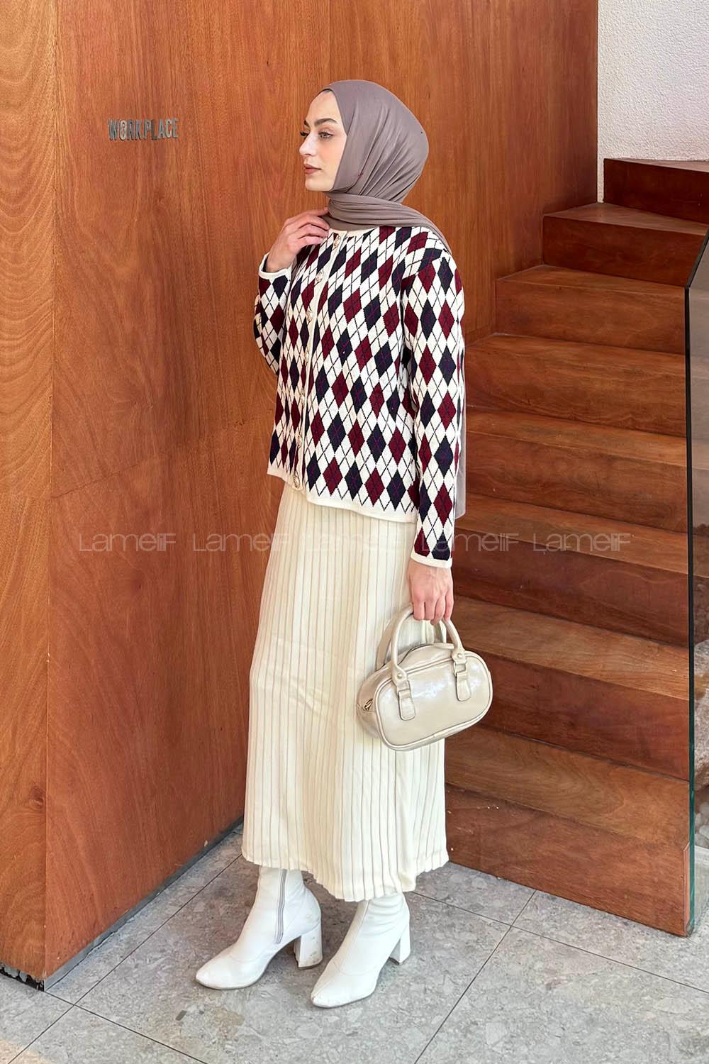 Lamelif Baklava Desen Etekli Triko Bordo-Bej