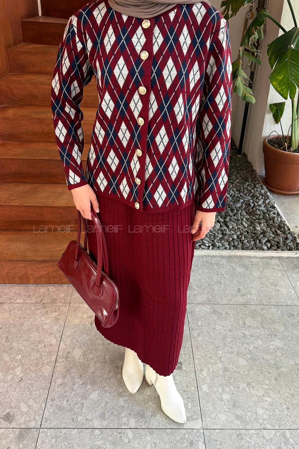 Lamelif Baklava Desen Etekli Triko Bordo-Lacivert