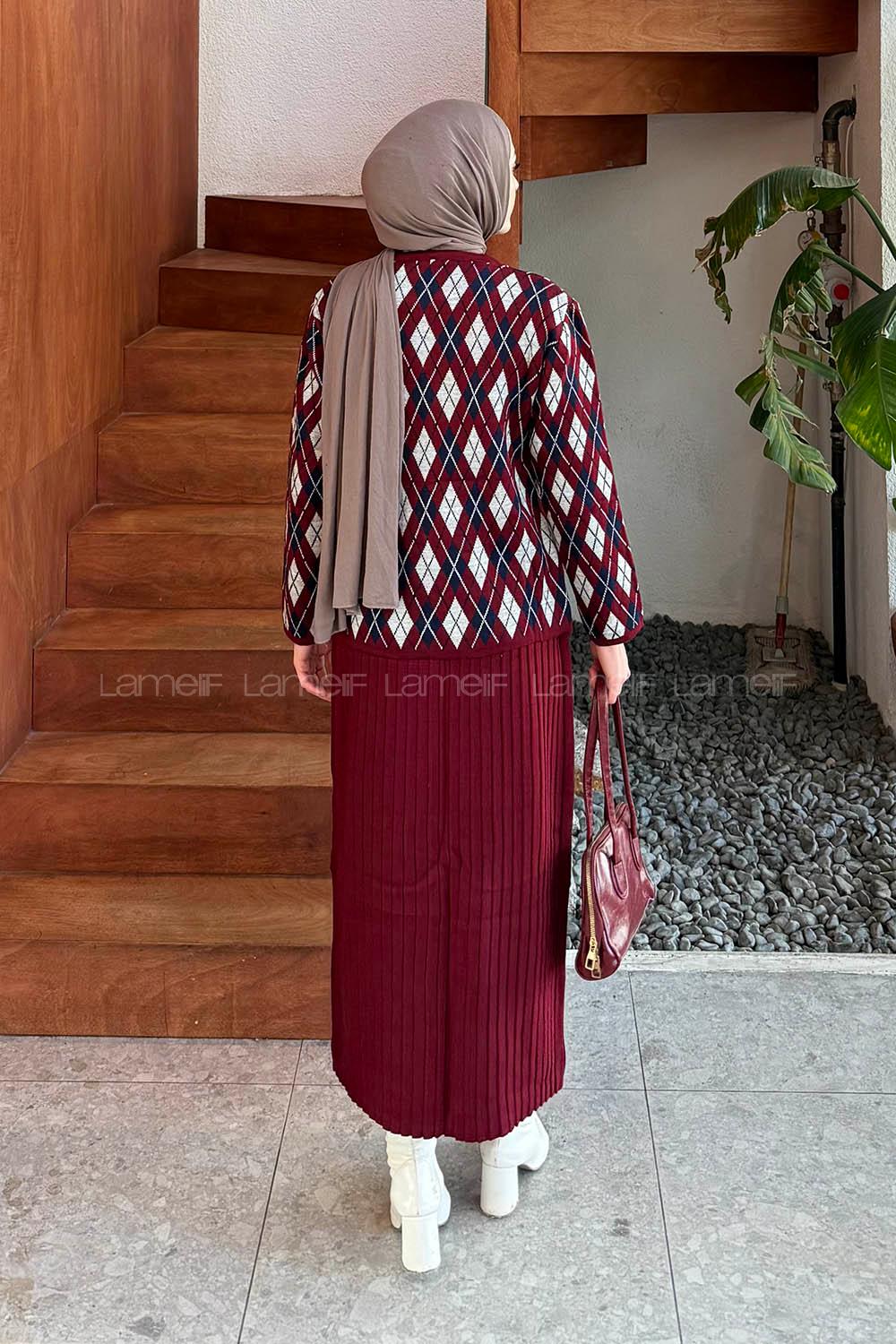 Lamelif Baklava Desen Etekli Triko Bordo-Lacivert