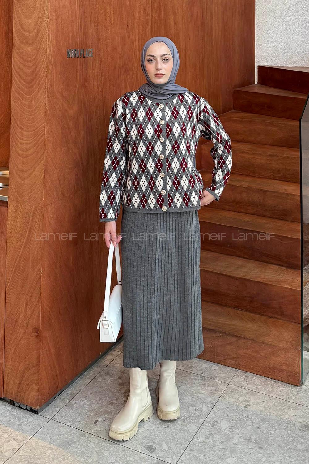 Lamelif Baklava Desen Etekli Triko Takım Antrasit-Bordo