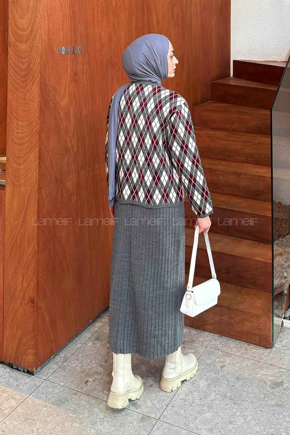 Lamelif Baklava Desen Etekli Triko Takım Antrasit-Bordo