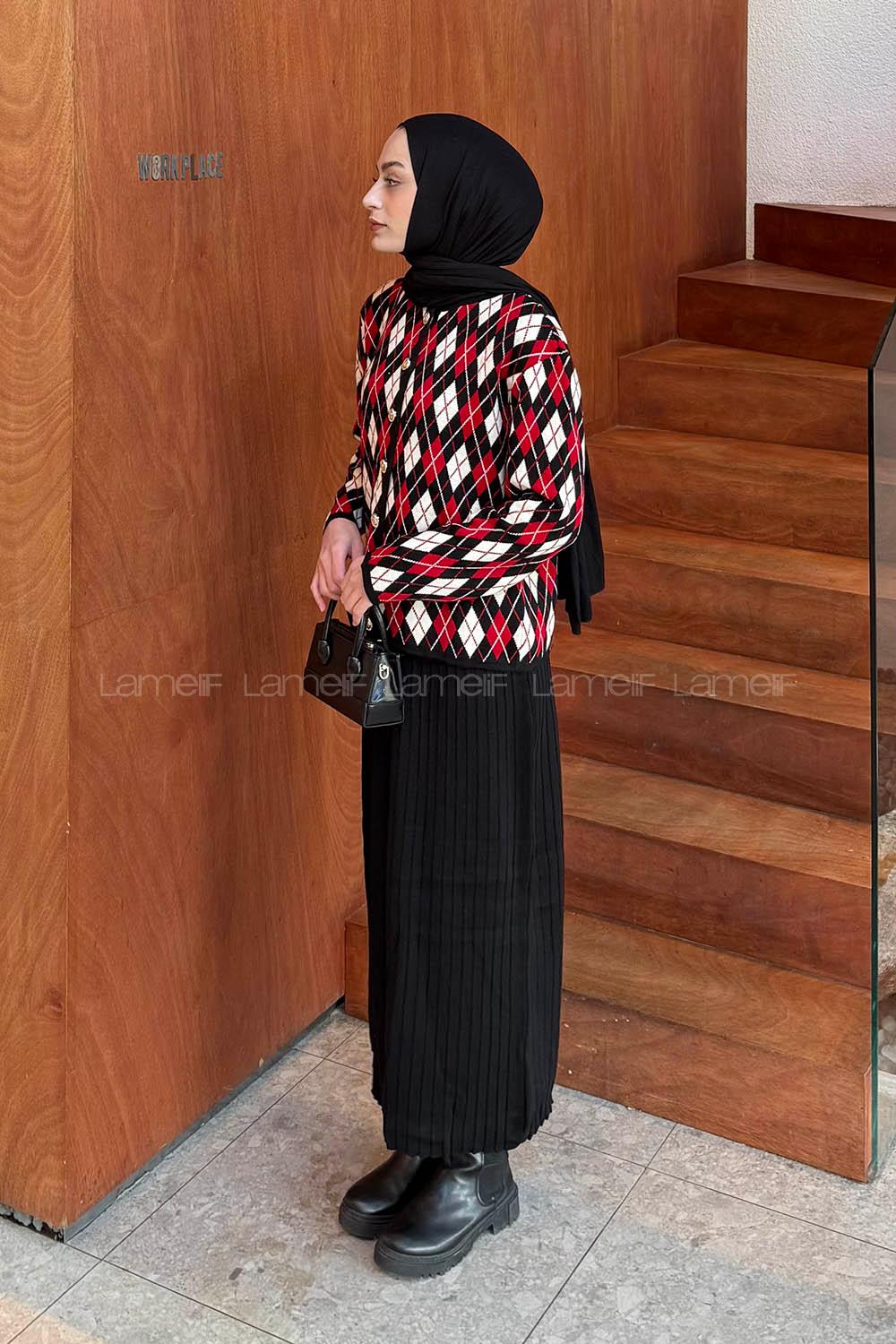 Lamelif Baklava Desen Etekli Triko Takım Bordo-Siyah