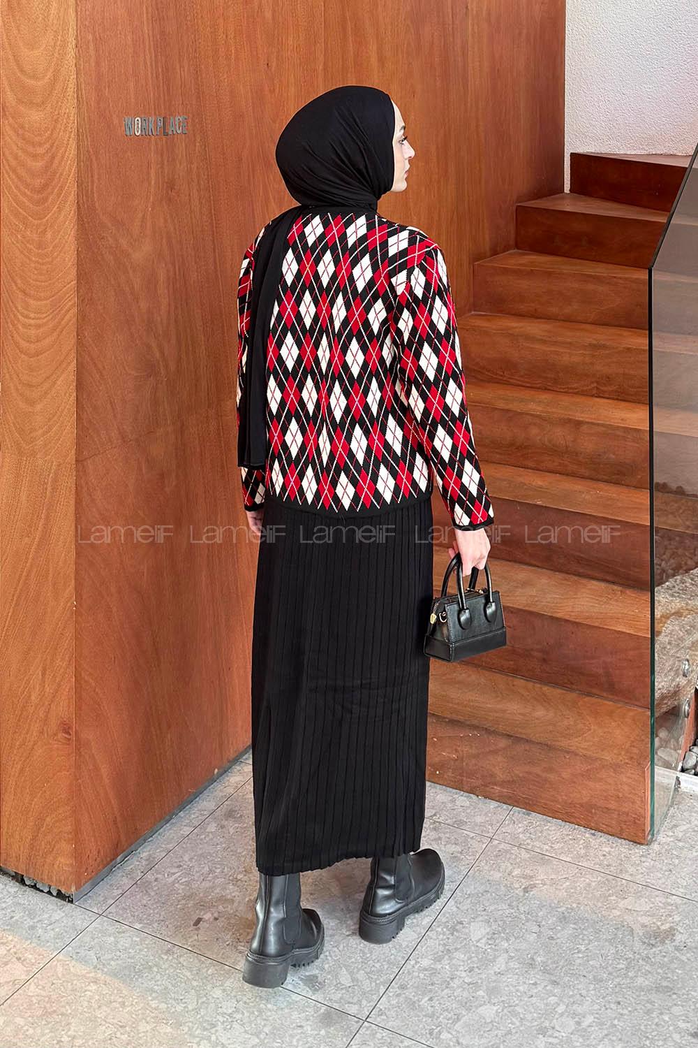 Lamelif Baklava Desen Etekli Triko Takım Bordo-Siyah