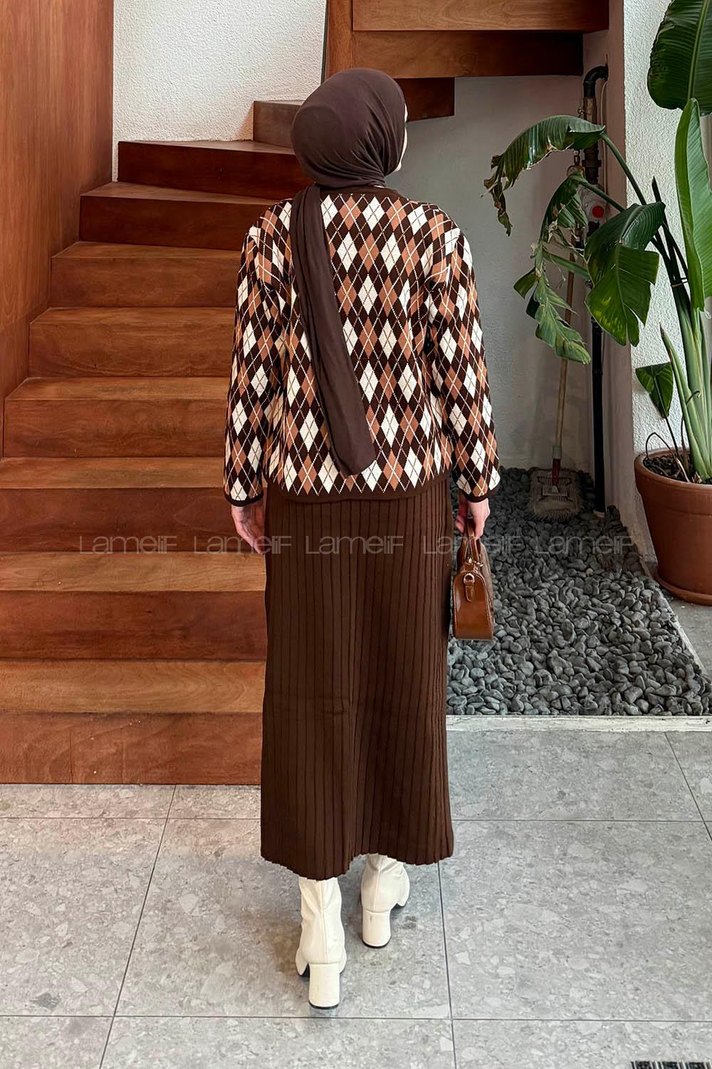 Lamelif Baklava Desen Etekli Triko Takım Camel