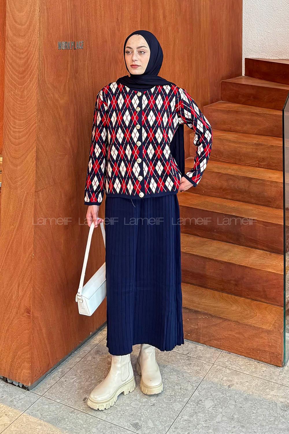 Lamelif Baklava Desen Etekli Triko Takım Lacivert-Bordo