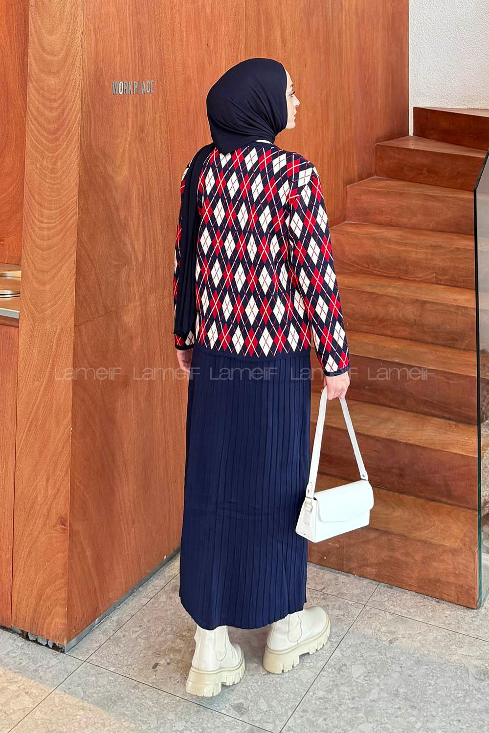 Lamelif Baklava Desen Etekli Triko Takım Lacivert-Bordo