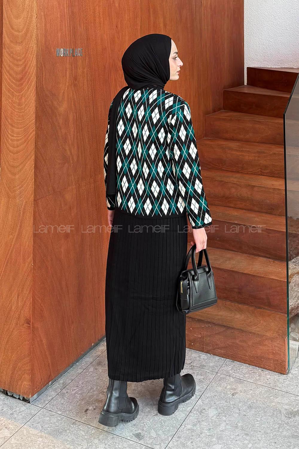Lamelif Baklava Desen Etekli Triko Takım Siyah-Zümrüt
