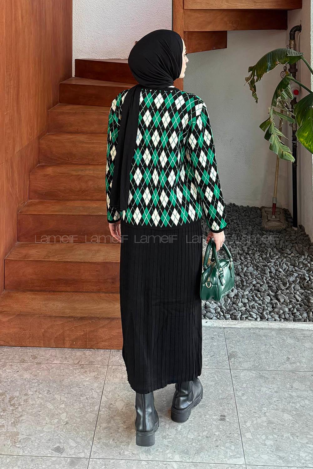 Lamelif Baklava Desen Etekli Triko Takım Yeşil