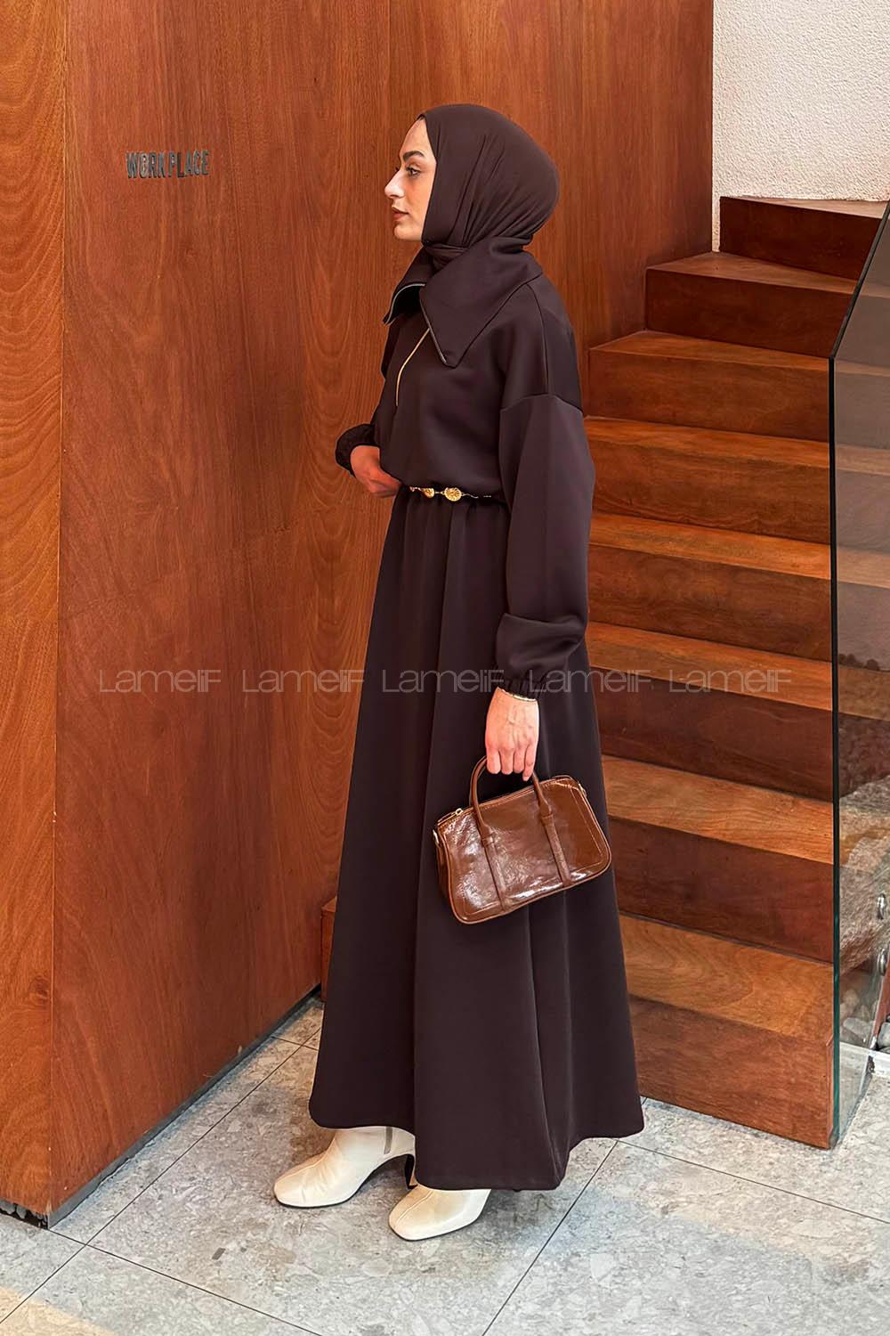 Lamelif Boğazlı Scuba Elbise Acı Kahve