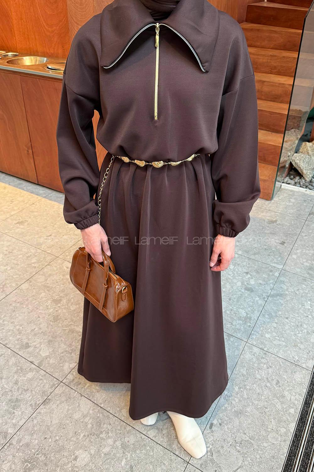 Lamelif Boğazlı Scuba Elbise Acı Kahve