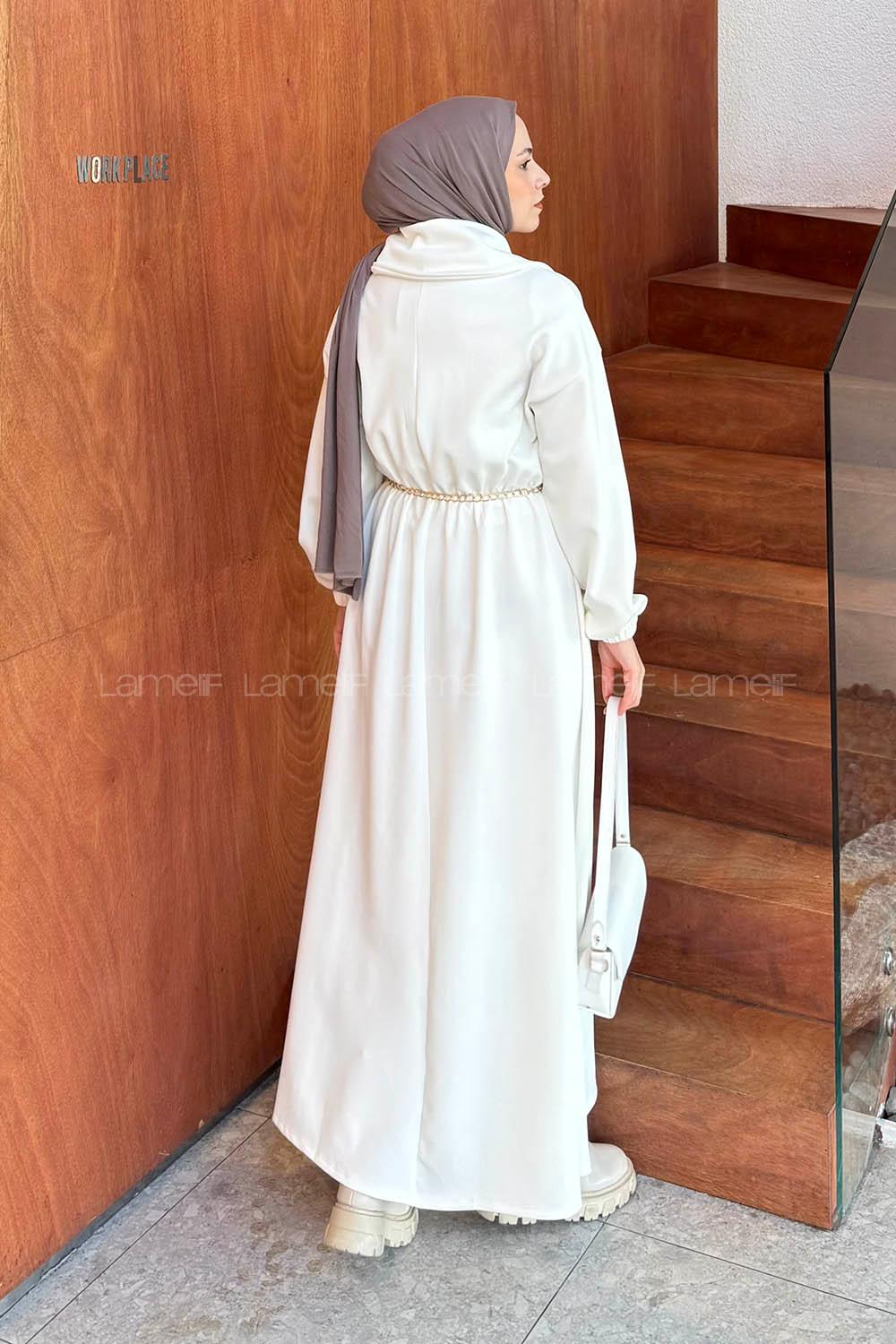 Lamelif Boğazlı Scuba Elbise Beyaz