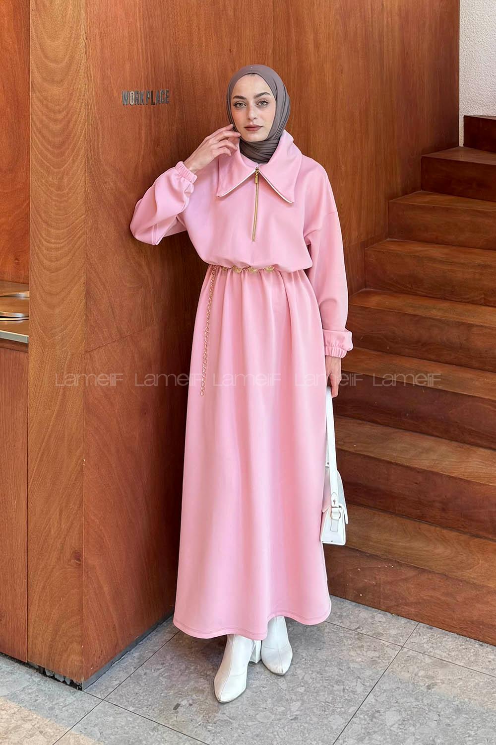 Boğazlı Scuba Elbise Şeker Pembesi