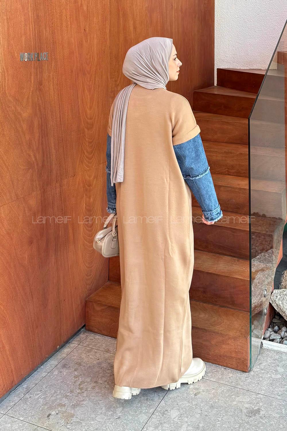 Lamelif Denim Kol Detaylı Tesettür Elbise Sütlü Kahve