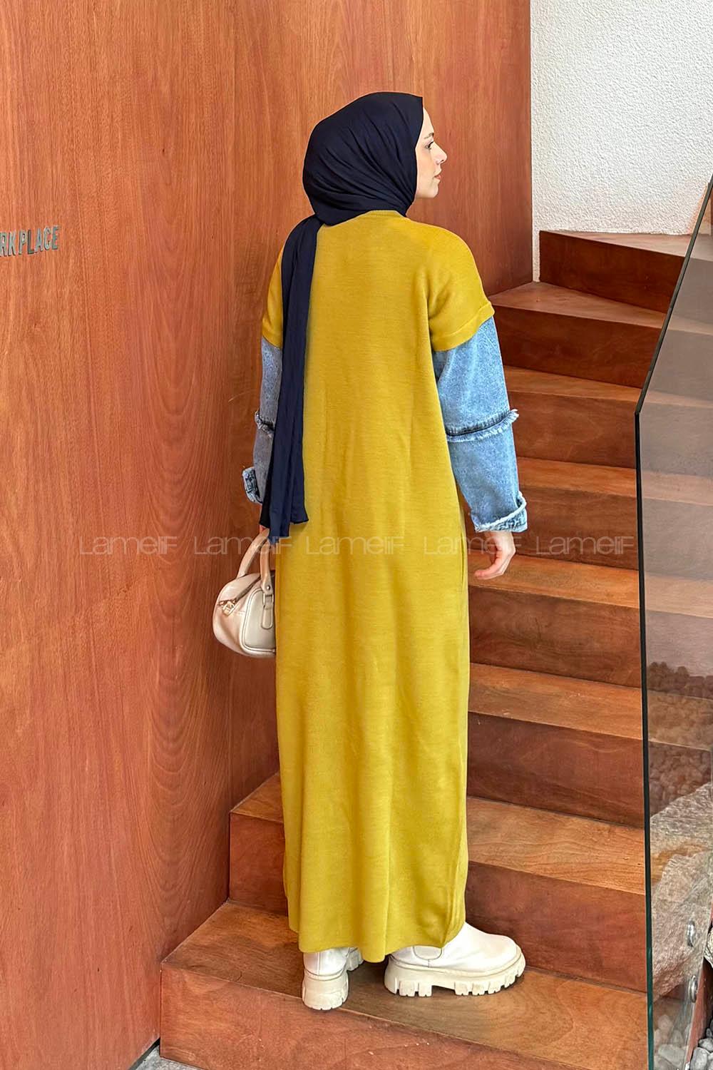 Lamelif Denim Kol Detaylı Tesettür Elbise Yağ Yeşili