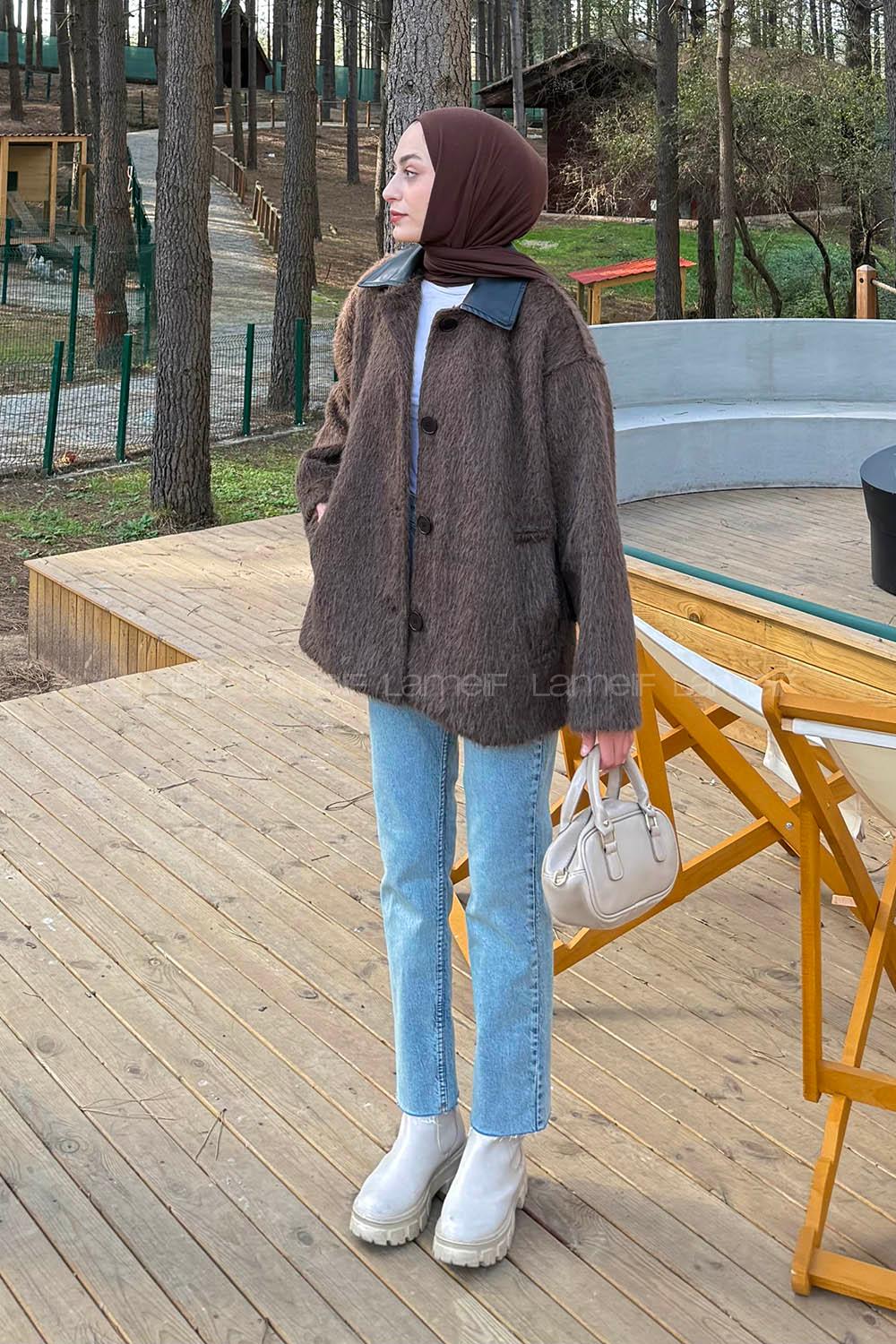 Lamelif Deri Yaka Mont Acı Kahve