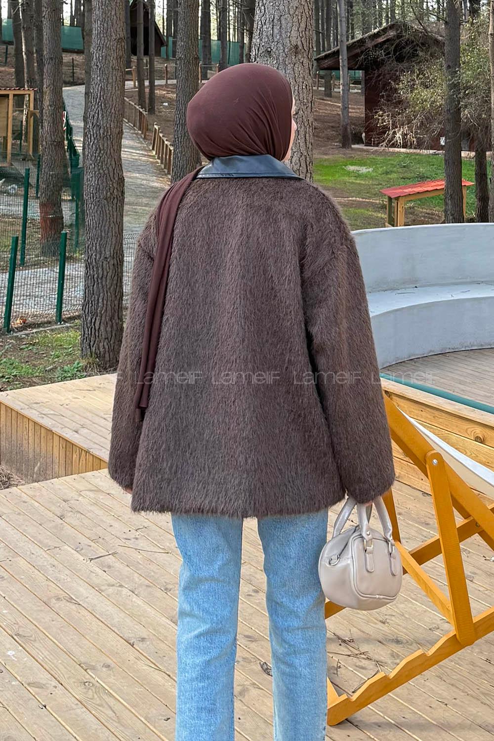 Lamelif Deri Yaka Mont Acı Kahve