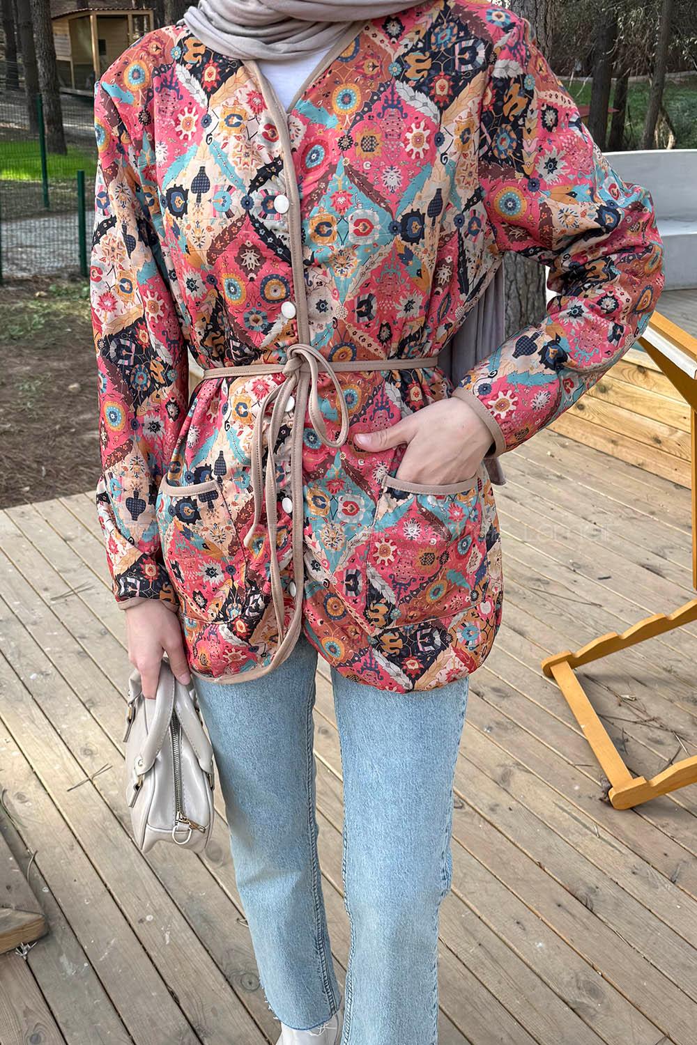 Beige V Neck Long Arm Polyester Jacket